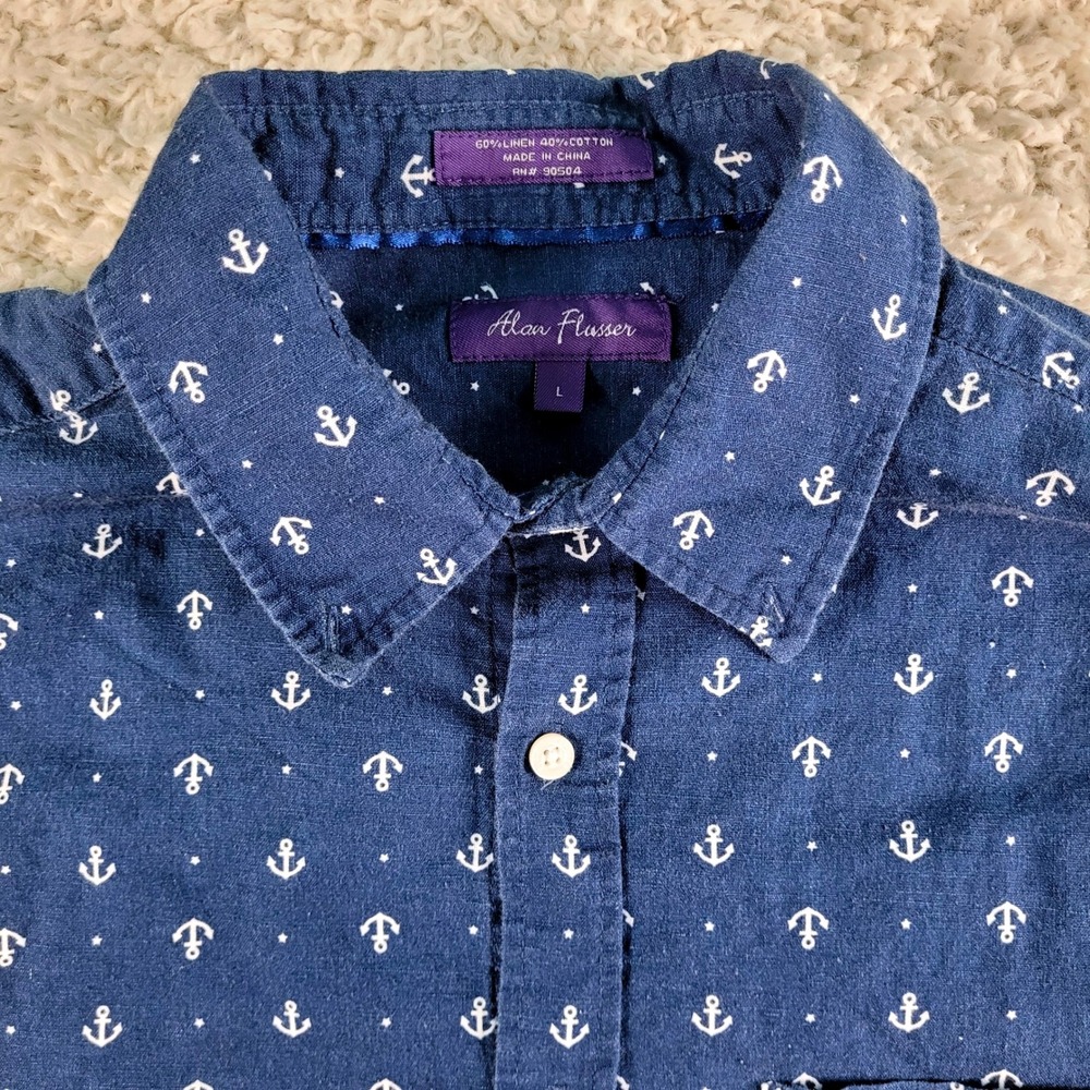 Alan Flusser Shirt Men's Large Blue Linen Blend Anchor Nautical Print Button L/S - Picture 3 of 10